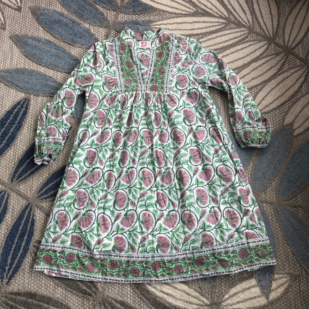 Victoria Dunn East Bay Mini Blockprint Floral 3/4 Sleeve V-Neck Dress Small